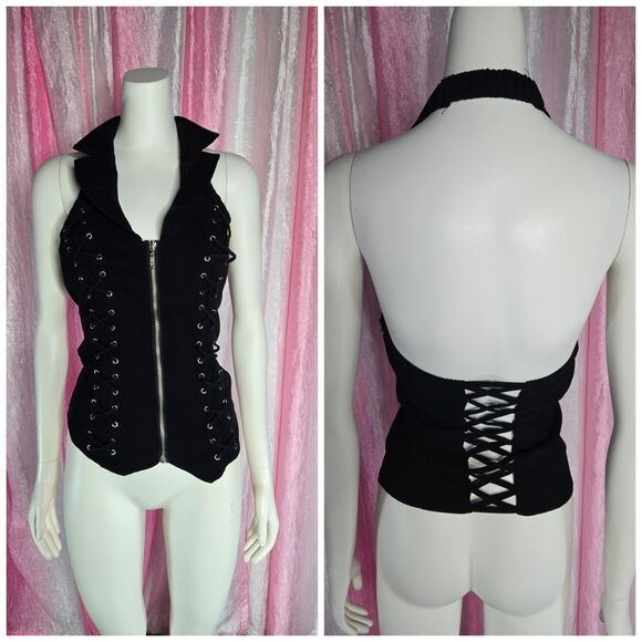 Biker Black Structured Padded Stretch Zip Up Halter Top Size Large - Picture 1 of 8
